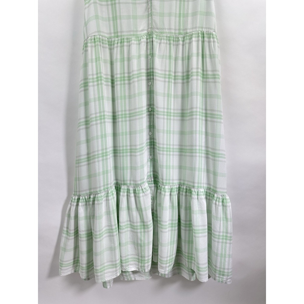 CHAPS Plaid Tiered Maxi Dress Large Mint Green Prairie Cottagecore Pockets Vneck - Picture 7 of 12